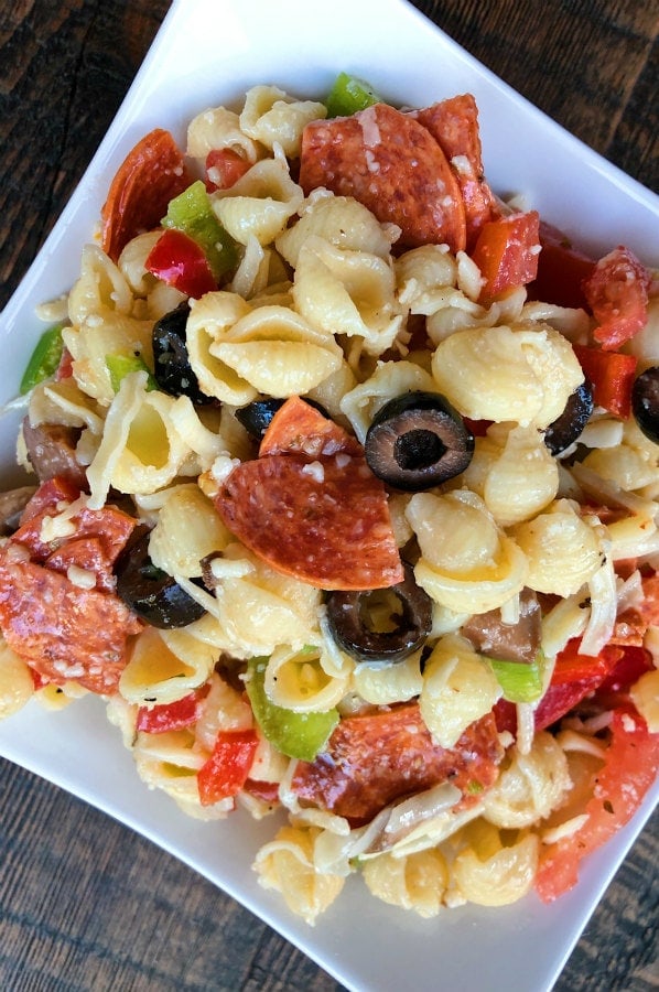 Pizza Pasta Salad in a white bowl