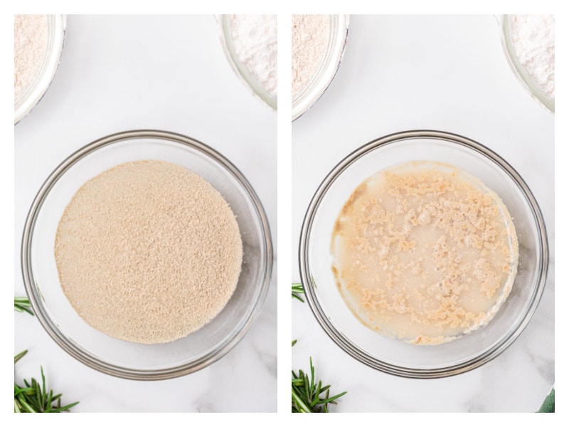 two photos showing yeast in one bowl and added water in the next