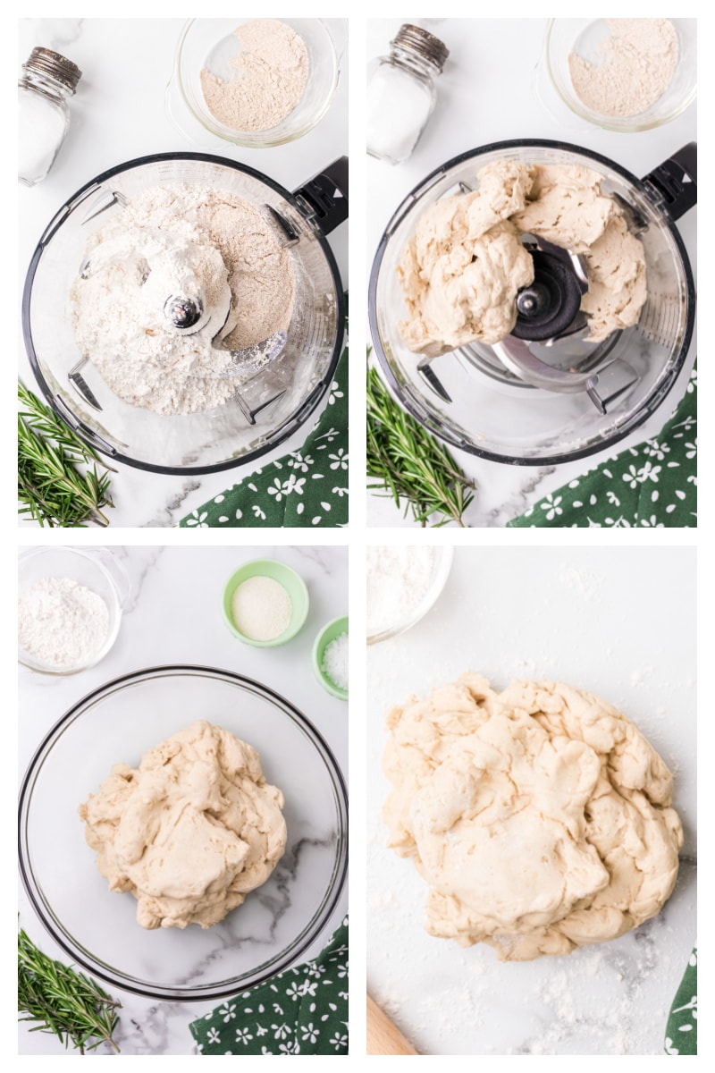 four photos showing how to make dough for Italian bread