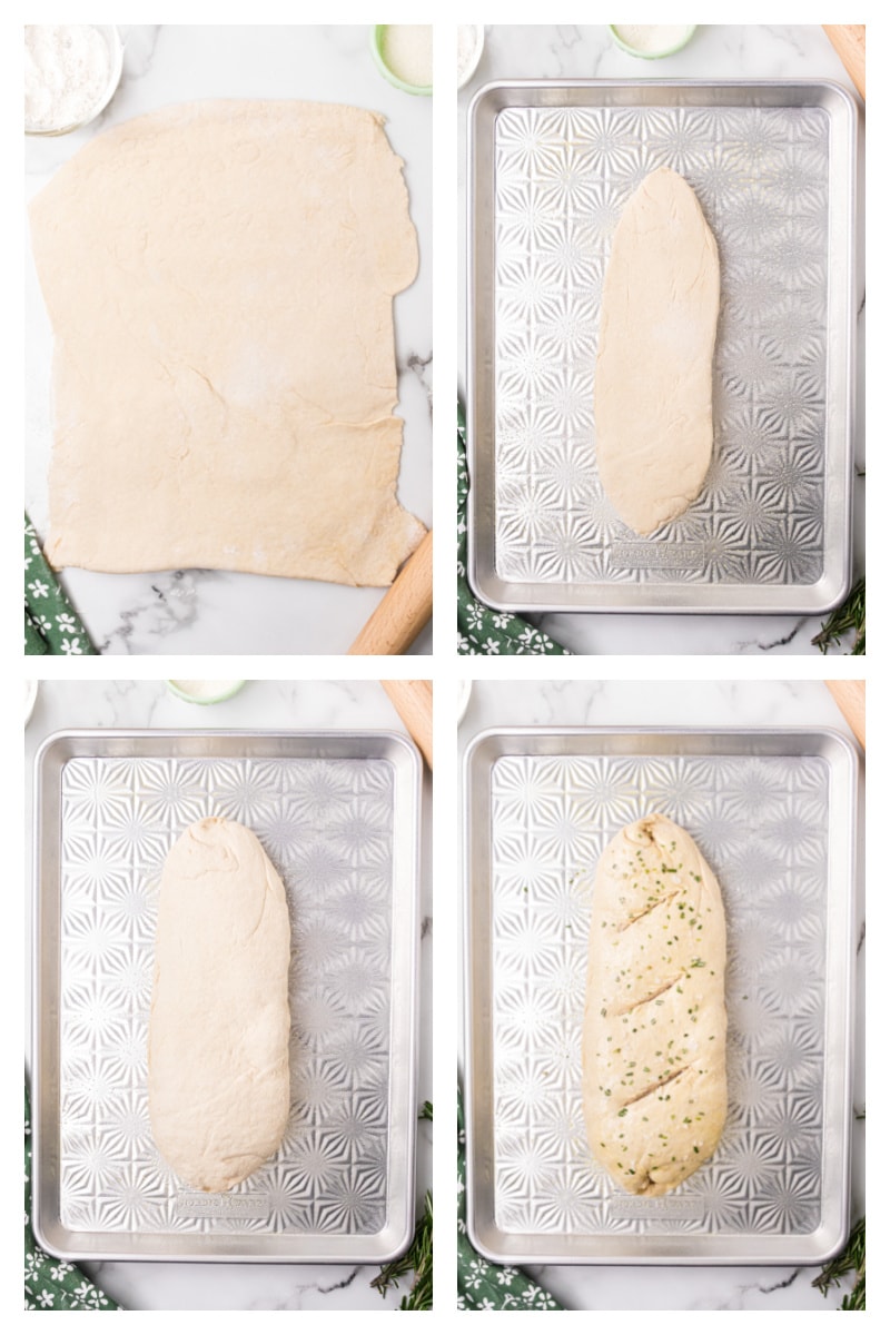 four photos showing how to assemble dough for making italian bread