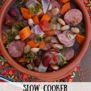 pinterest pin for slow cooker tuscan sausage and bean soup