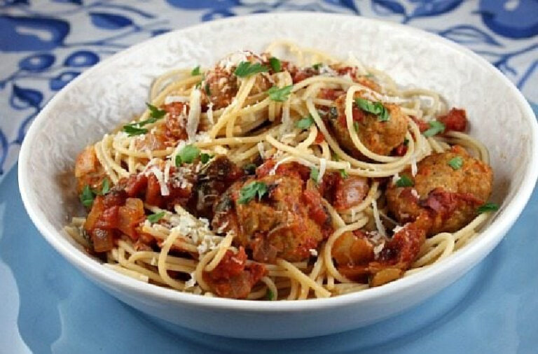 Spaghetti with Turkey Meatballs in Spicy Tomato Sauce Recipe Girl