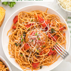 pinterest image for spaghetti with turkey meatballs
