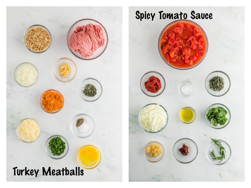 ingredients displayed for making meatballs and sauce