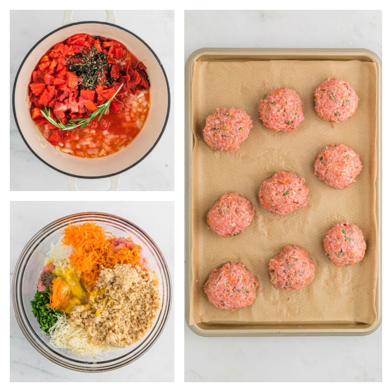 three photos showing how to make meatballs and how to make spicy spaghetti sauce