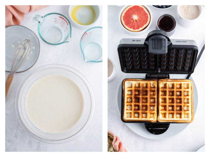 two photos showing waffle batter in bowl then waffle in waffle iron