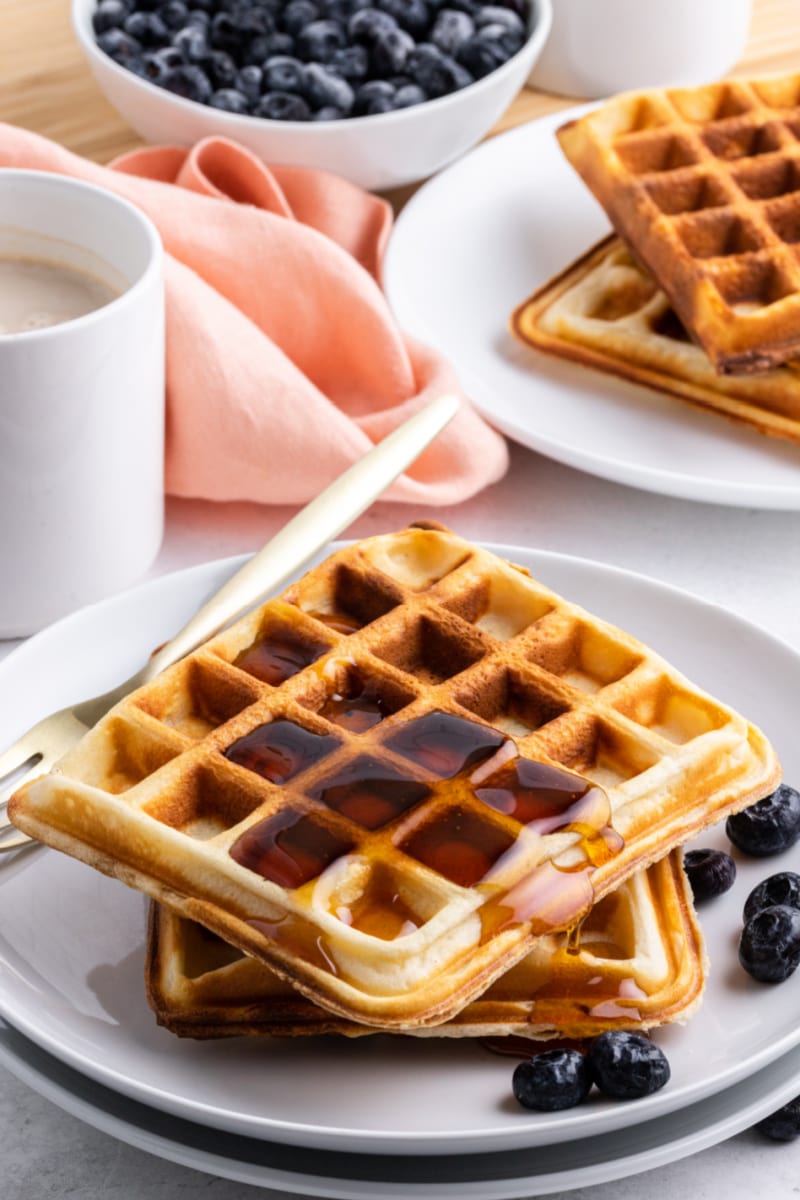 sweet milk waffles on plate with syrup
