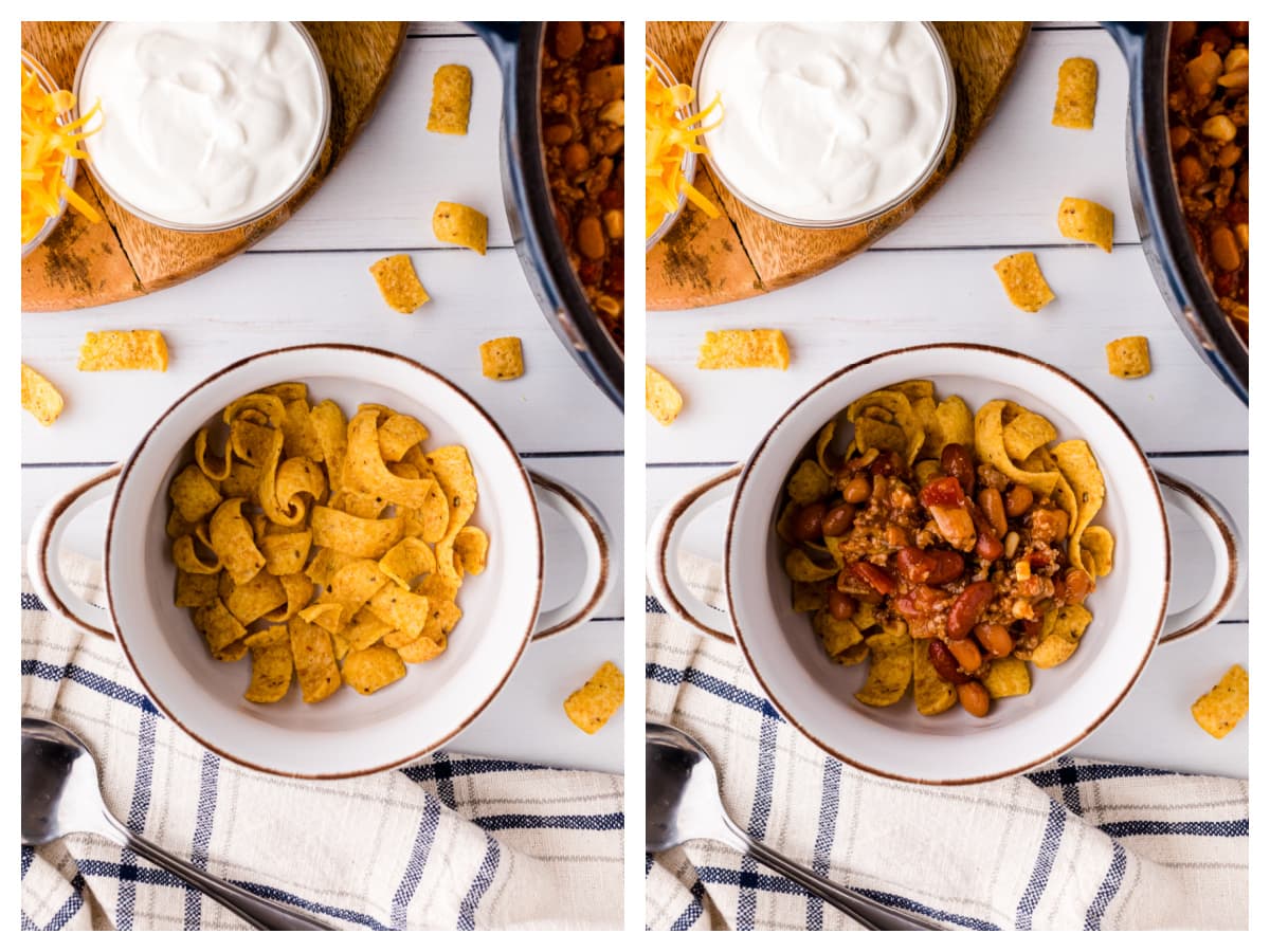 two photos showing fritos in a bowl and then soup poured over