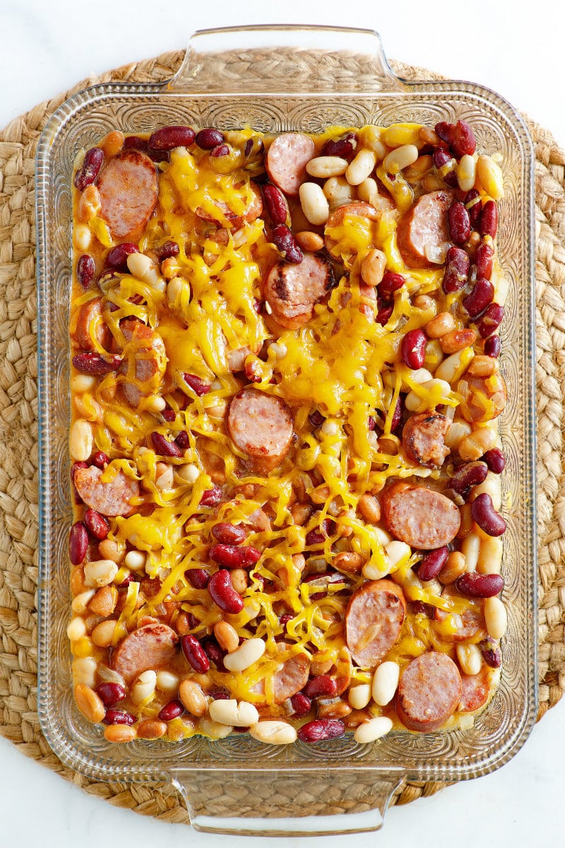 Three Bean and Sausage Bake in a casserole dish