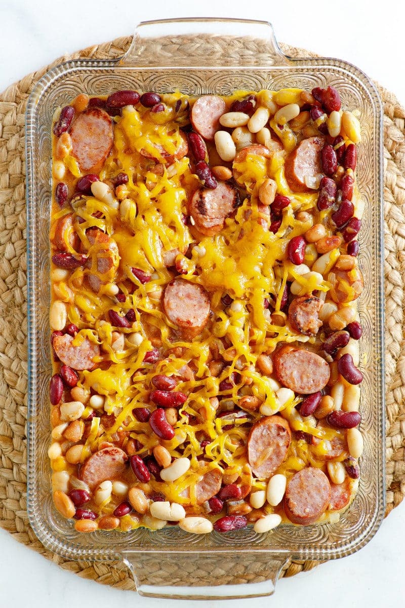 Three Bean and Sausage Bake in a casserole dish