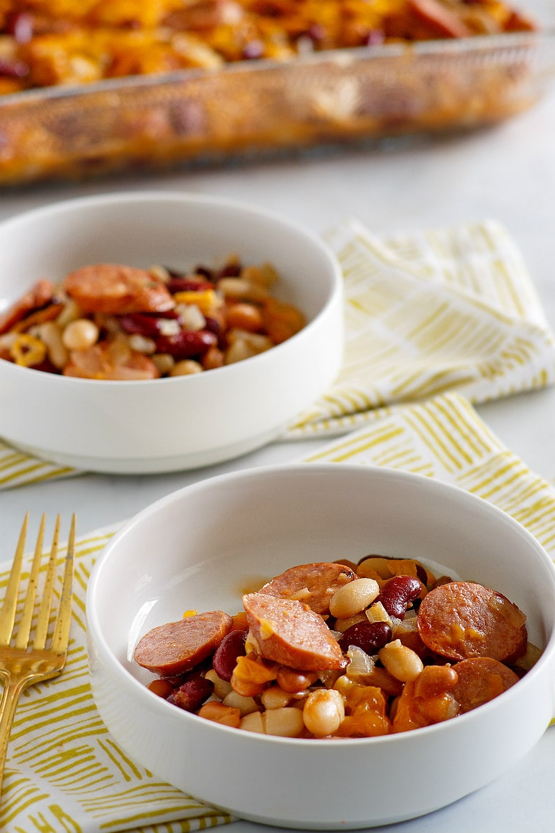 Three Bean and Sausage Bake recipe from RecipeGirl.com #three #3 #bean #beans #sausage #bake #casserole #recipe #weight #watchers #weightwatchers #freestyle #smartpoints #RecipeGirl Serving of Three Bean and Sausage Bake
