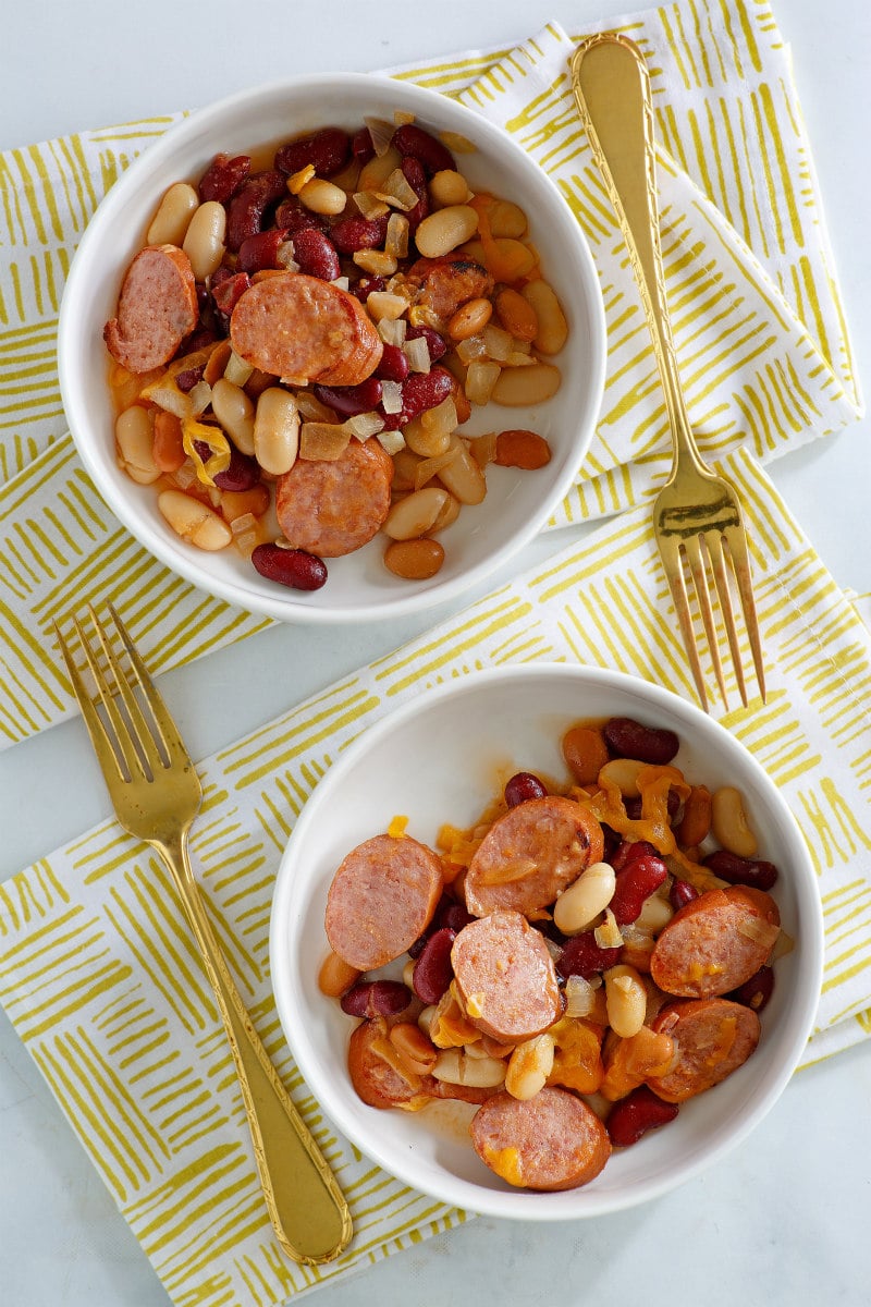 Three Bean and Sausage Bake recipe from RecipeGirl.com #three #3 #bean #beans #sausage #bake #casserole #recipe #weight #watchers #weightwatchers #freestyle #smartpoints #RecipeGirl Two servings of Three Bean and Sausage Bake