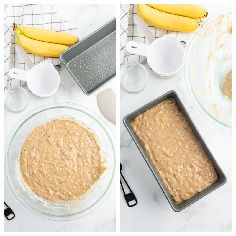 banana bread batter in a bowl and in the loaf pan