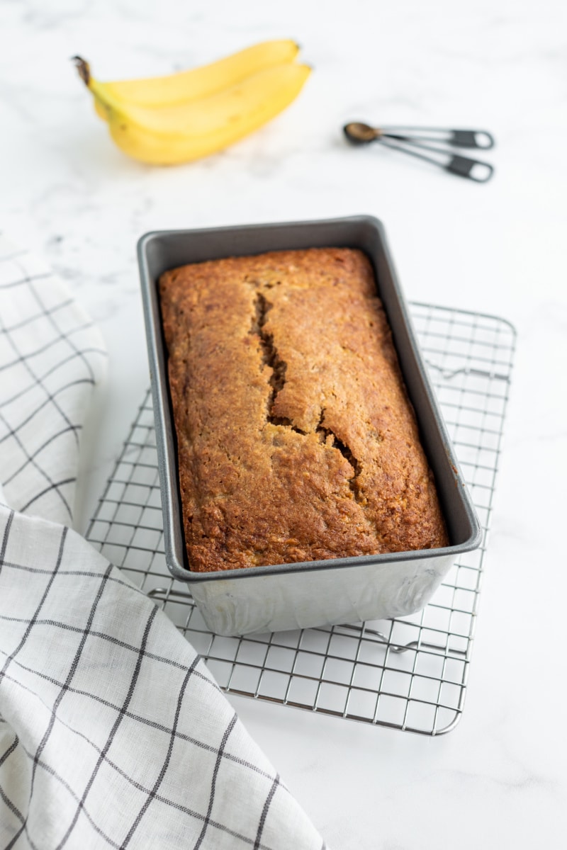 loaf of banana bread in a bread pan