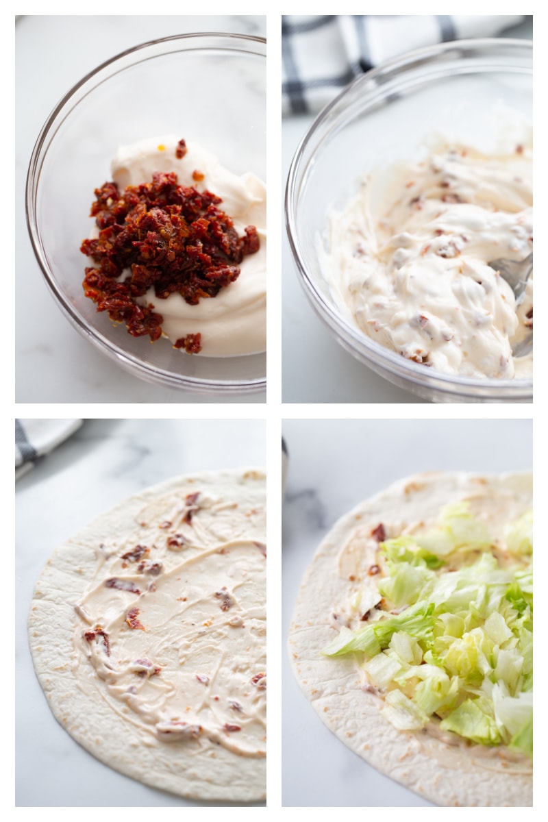 four photos showing assembly of blt wraps