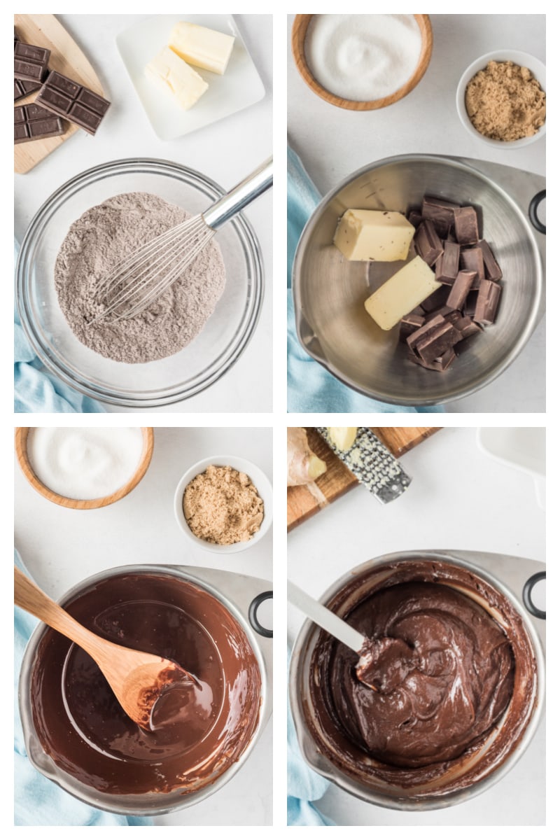 four photos showing how to make the batter for brownies
