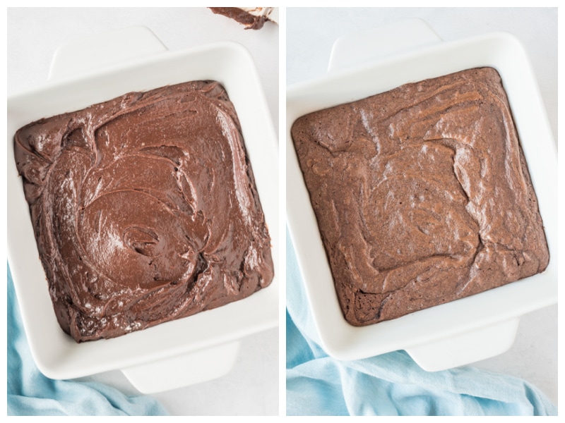 two photos showing batter in pan and then baked brownies in pan