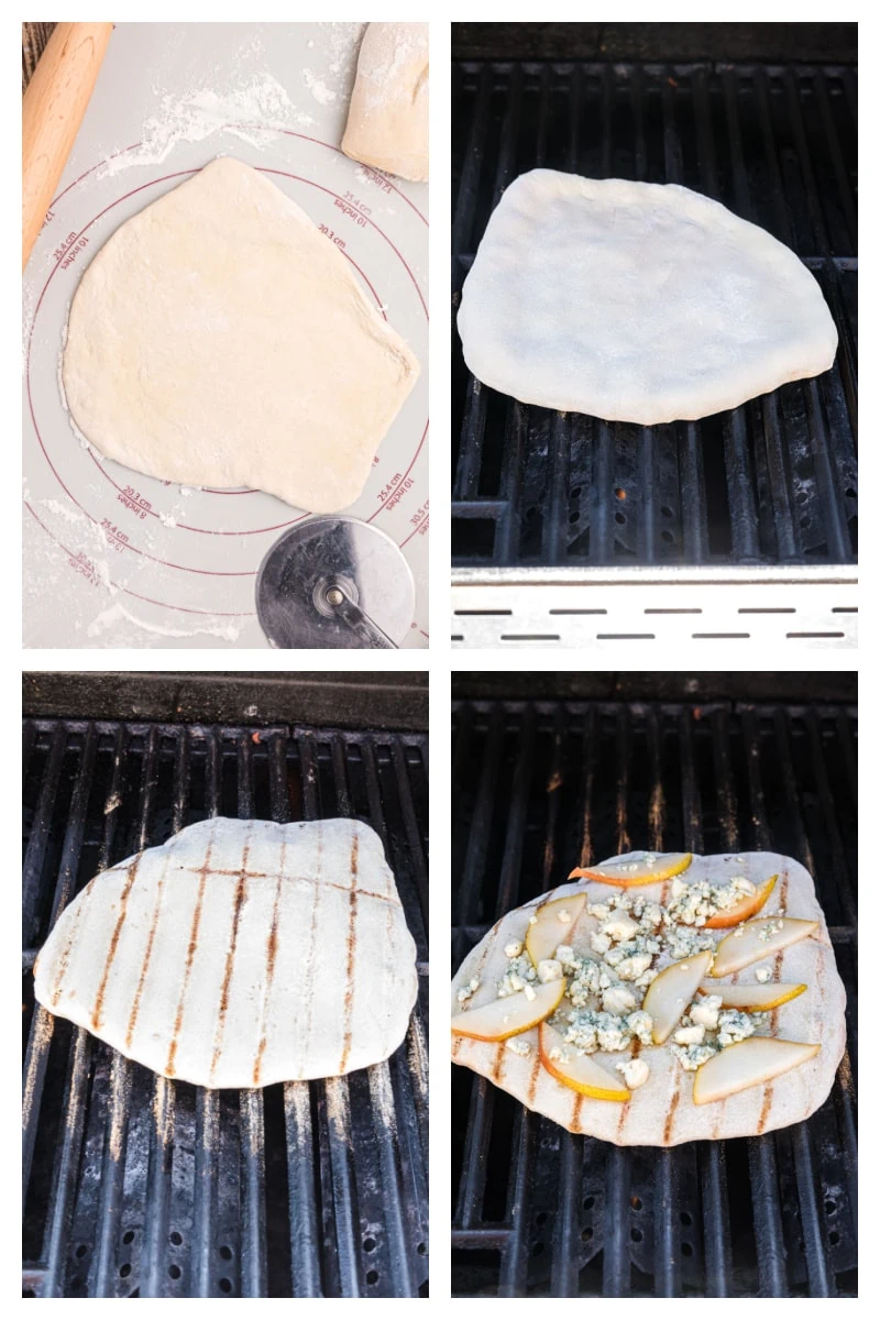 four photos showing how to make grilled blue cheese and pear pizza