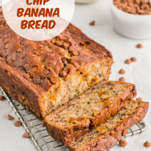 pinterest image for cinnamon chip banana bread