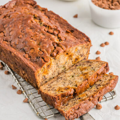 loaf of cinnamon chip banana bread sliced open