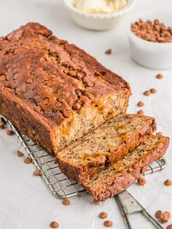 loaf of cinnamon chip banana bread sliced open
