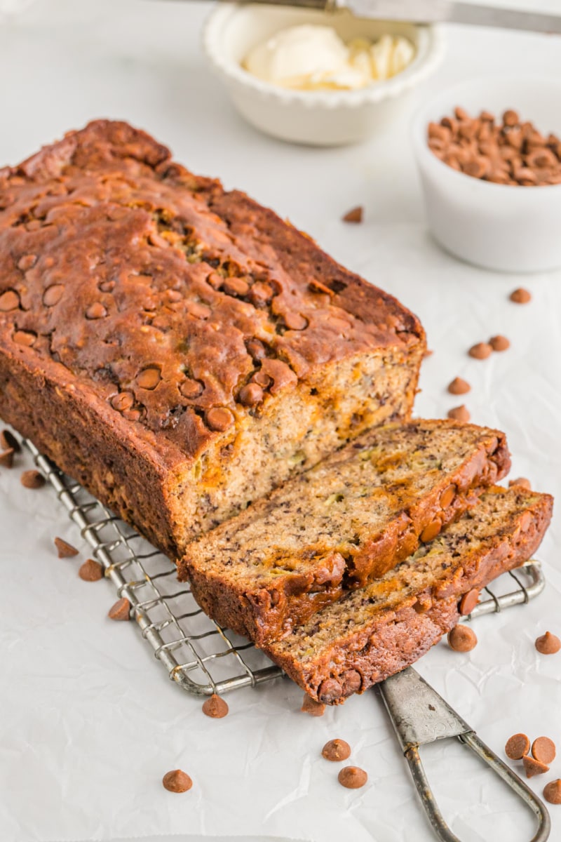 loaf of cinnamon chip banana bread sliced open