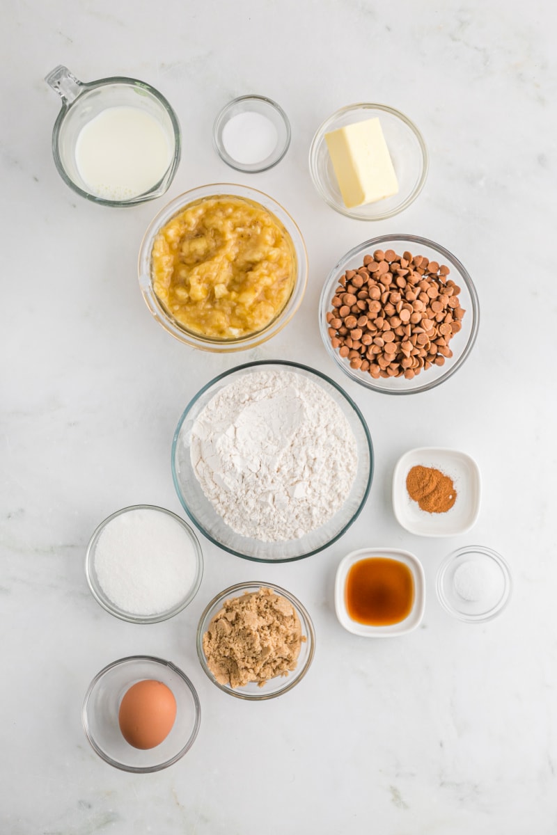 ingredients displayed for making cinnamon chip banana bread