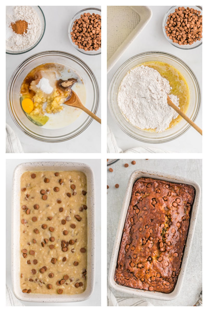 four photos showing how to make cinnamon chip banana bread