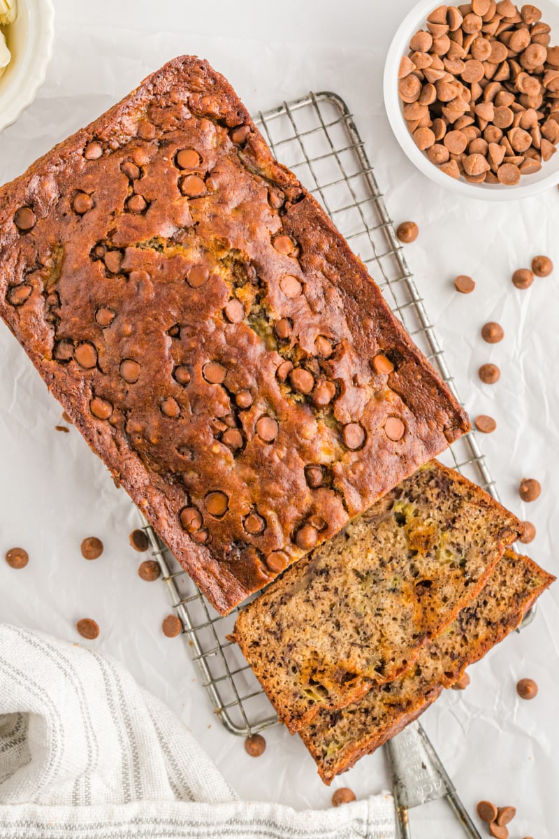 loaf of cinnamon chip banana bread partially sliced