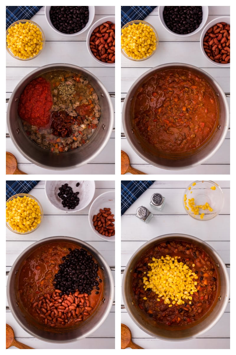 four photos showing how to make chili in pot