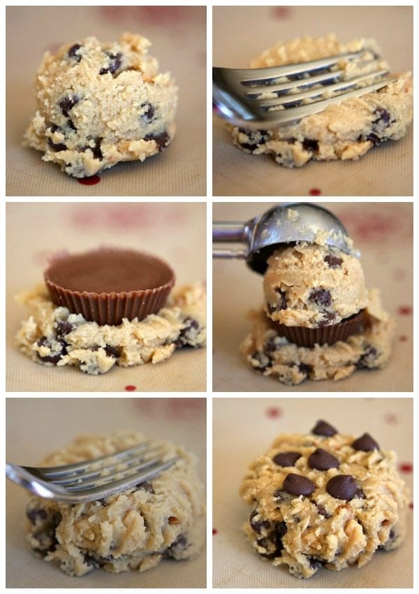 Reeses Stuffed Peanut Butter Chocolate Chip Cookies recipe from RecipeGirl.com #reeses #peanutbuttercup #peanutbutter #stuffed #chocolatechip #cookies #recipe #RecipeGirl How to Make Reeses Stuffed Peanut Butter Chocolate Chip Cookies