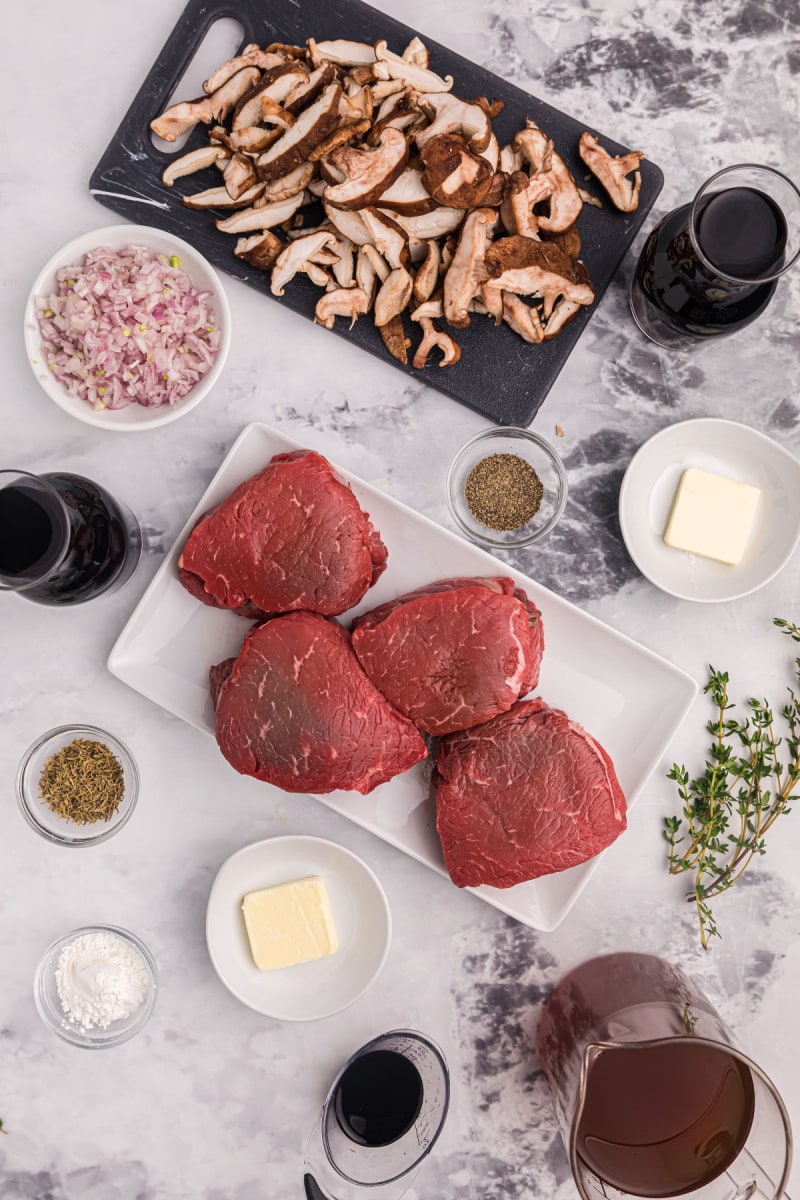 ingredients displayed for making filet mignon with mushroom cabernet sauce