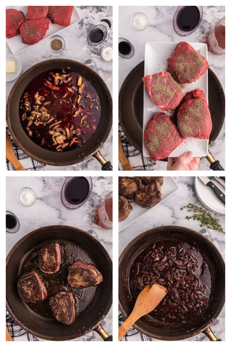 four photos showing how to make mushroom sauce and fry filet mignon in pan