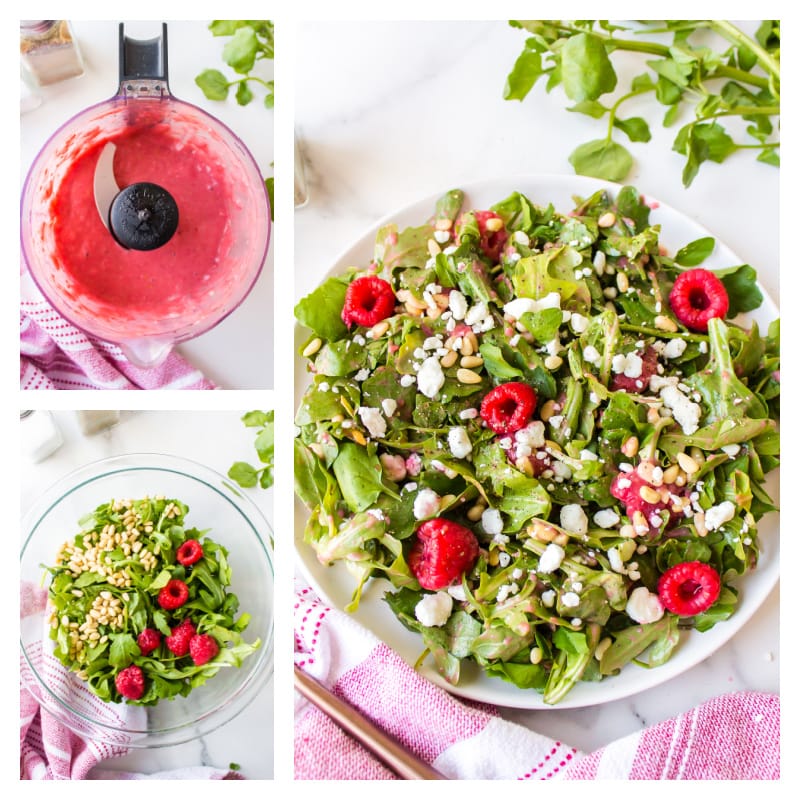 three photos showing raspberry vinaigrette in food processor, then salad ingredients in bowl then tossed