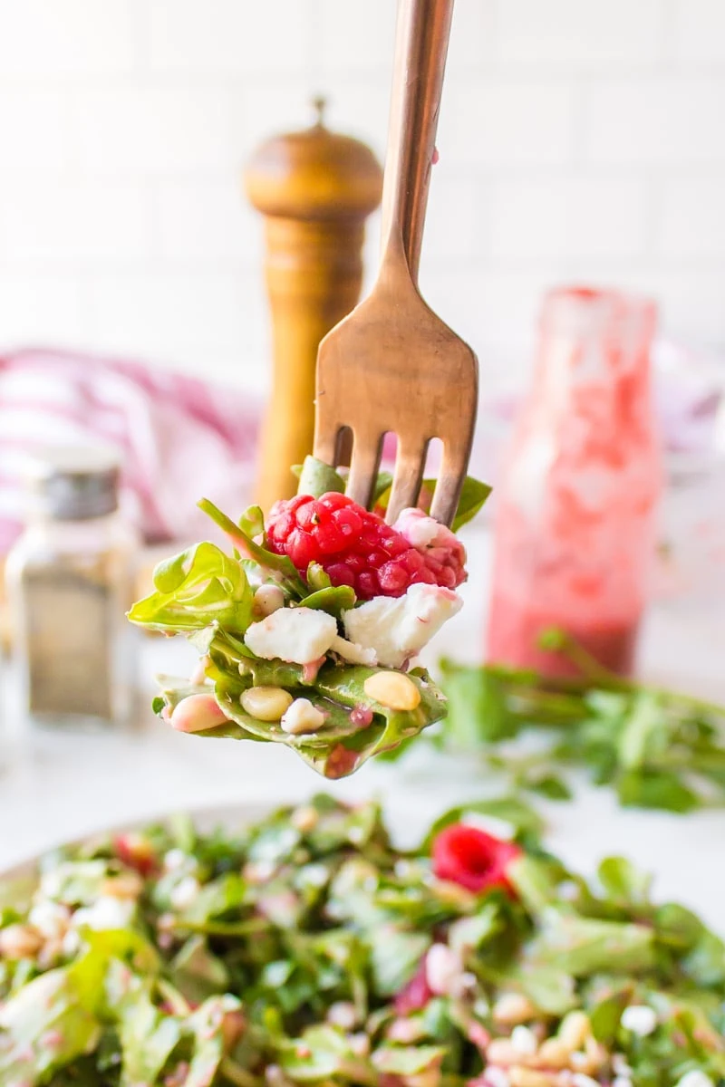 fork full of goat cheese and raspberry salad