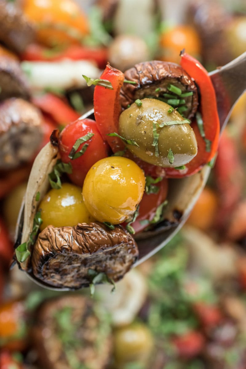 close up spoonful of grilled vegetable salad set above the rest of the salad