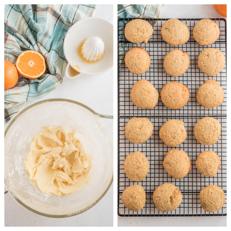 cookies on cooling rack and bowl of frosting