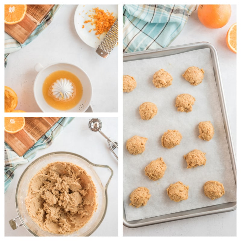 cookie dough in bowl and cookie dough on baking sheet