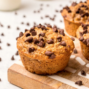 low fat banana chocolate chip muffin on a cutting board