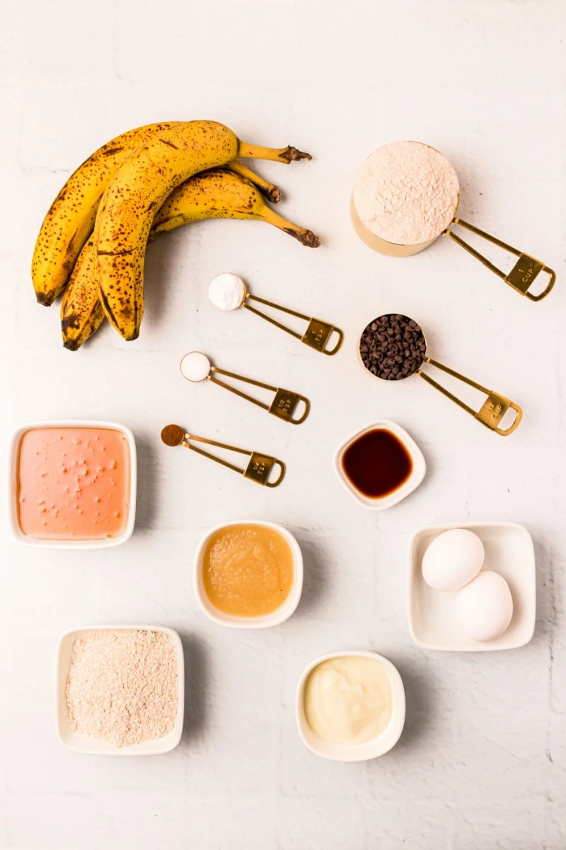 ingredients displayed for making low fat banana chocolate chip muffins