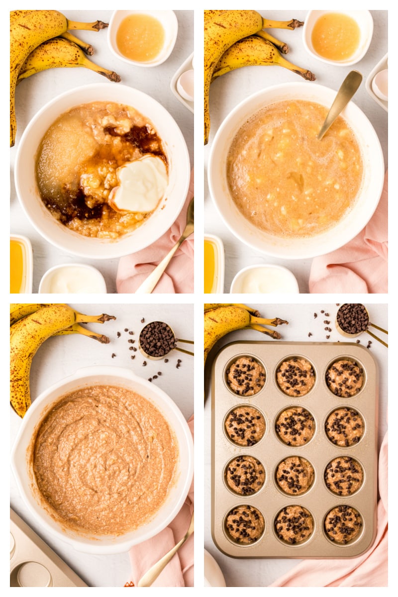 four photos showing how to make low fat banana chocolate chip muffins