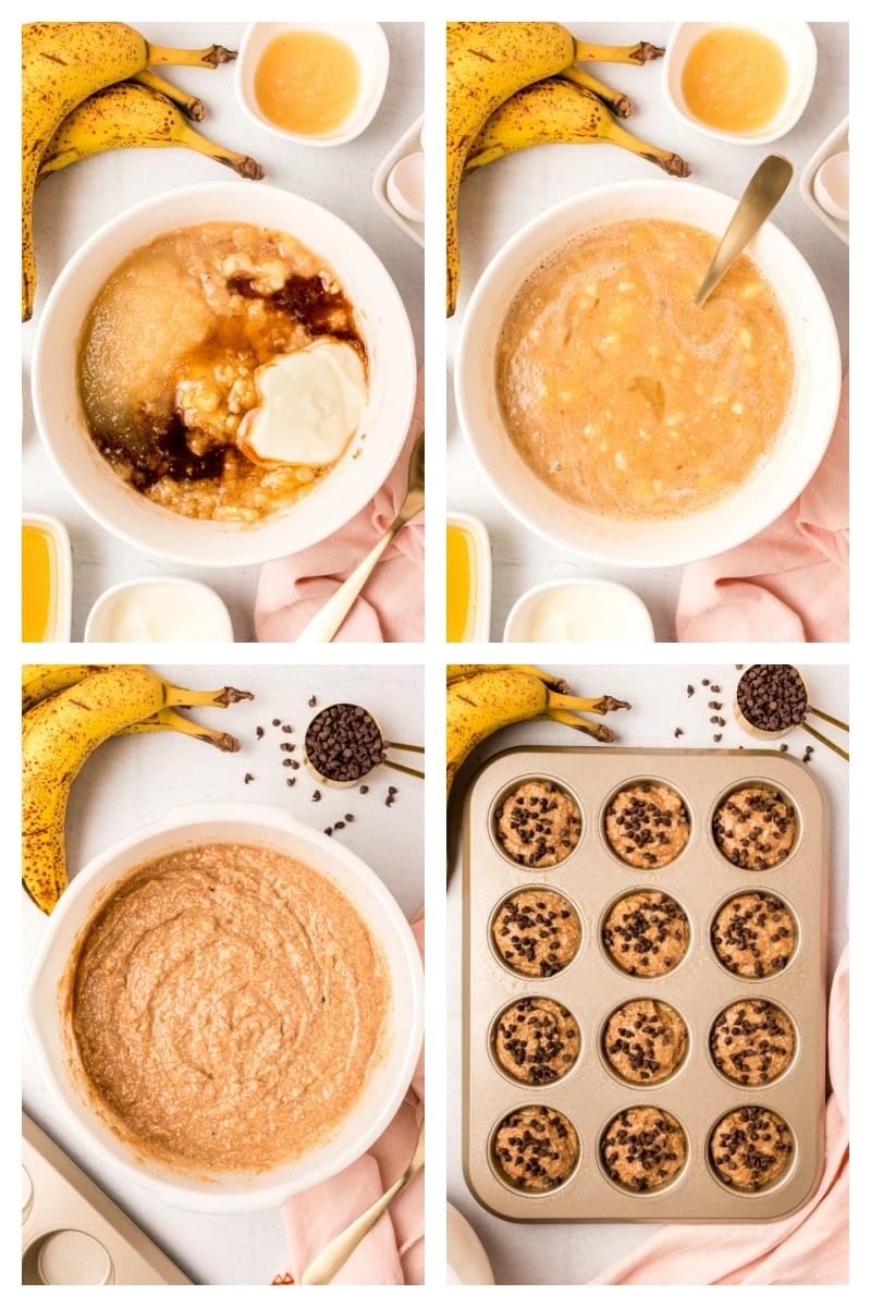 four photos showing how to make low fat banana chocolate chip muffins