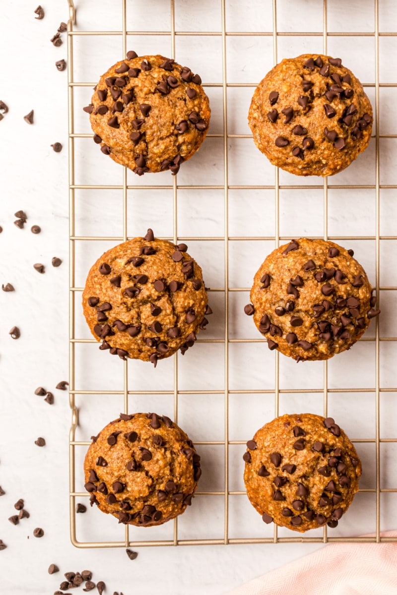 banana chocolate chip muffins on cooling rack