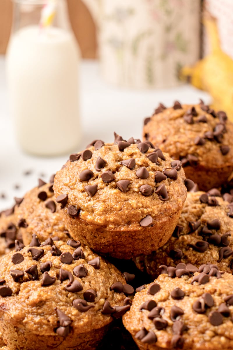 low fat banana chocolate chip muffins displayed