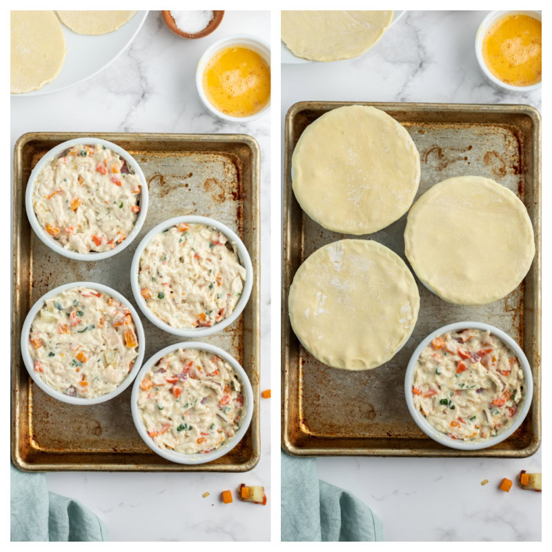 two photos showing process of making chicken pot pies topped with pastry