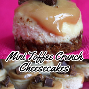 pinterest image for mini toffee crunch cheesecakes