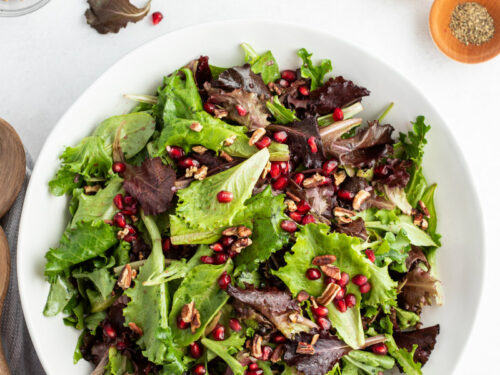 Mixed Baby Greens with Pomegranate, Gorgonzola and Pecans –