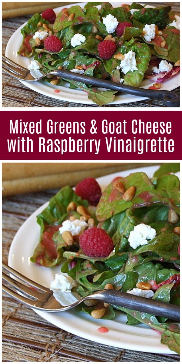 Mixed Greens and Goat Cheese and Raspberry Vinaigrette recipe from RecipeGirl.com #salad #goatcheese #raspberry #recipe #RecipeGirl