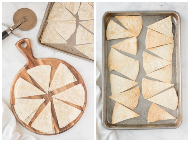 two photos showing tortillas cut into wedges and then baked