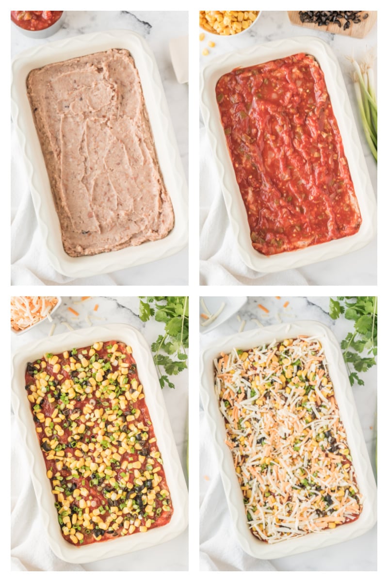 four photos showing assembly of making party bean dip in a rectangle baking dish